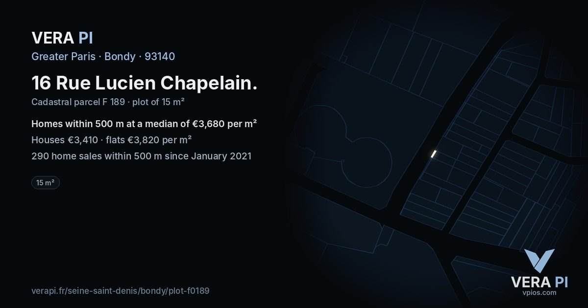 16 Rue Lucien Chapelain, Bondy at night – the plot lit, the parcels around coloured by the prices near them