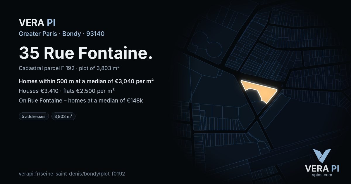 35 Rue Fontaine, Bondy at night – the plot lit, the parcels around coloured by the prices near them