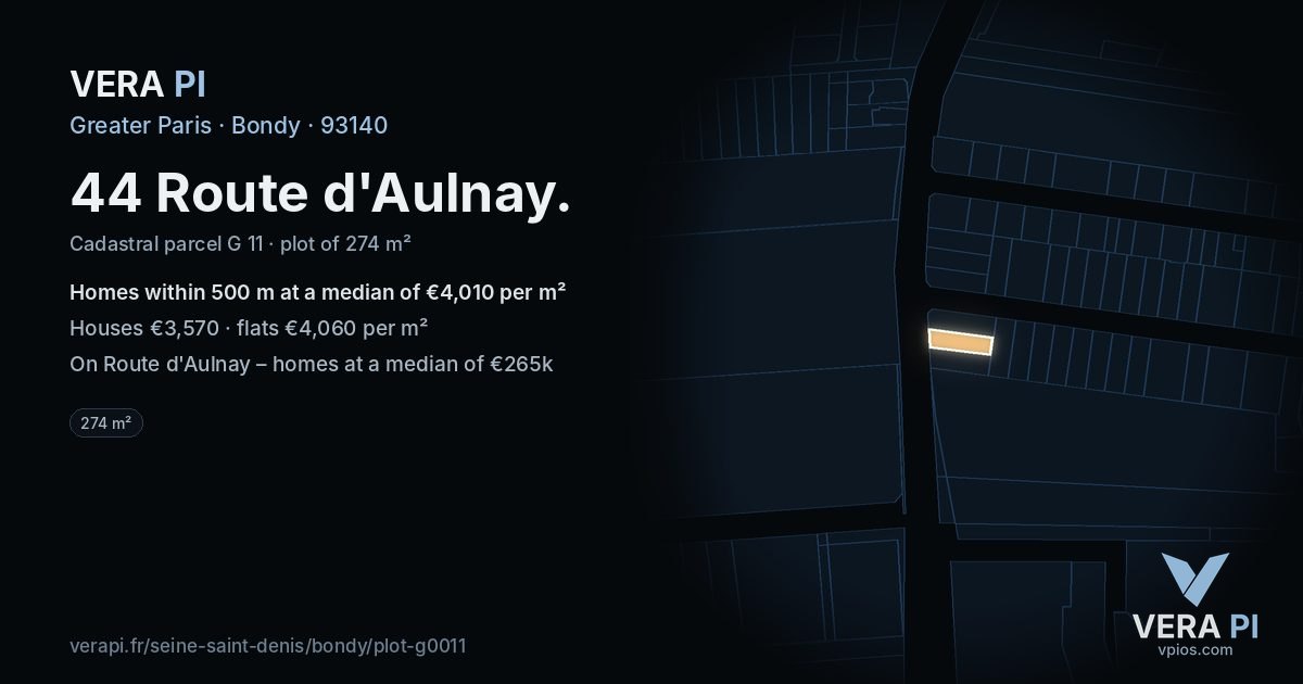 44 Route d'Aulnay, Bondy at night – the plot lit, the parcels around coloured by the prices near them