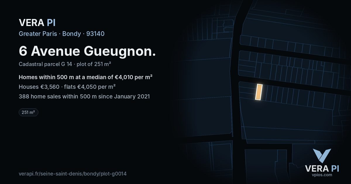 6 Avenue Gueugnon, Bondy at night – the plot lit, the parcels around coloured by the prices near them
