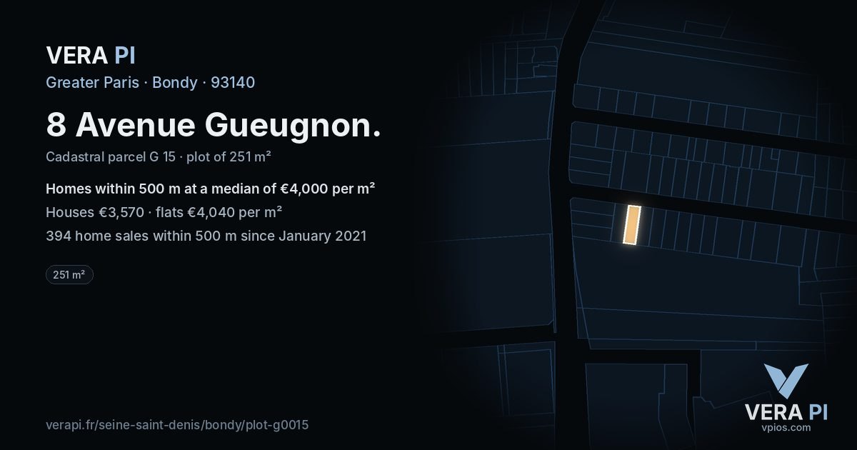 8 Avenue Gueugnon, Bondy at night – the plot lit, the parcels around coloured by the prices near them