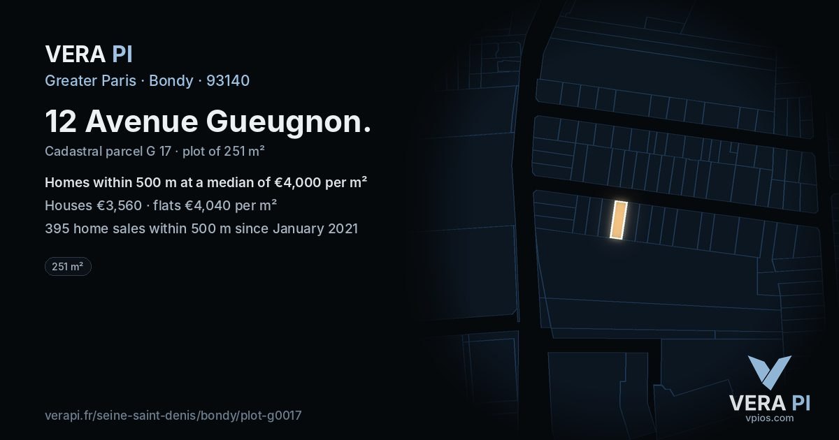 12 Avenue Gueugnon, Bondy at night – the plot lit, the parcels around coloured by the prices near them