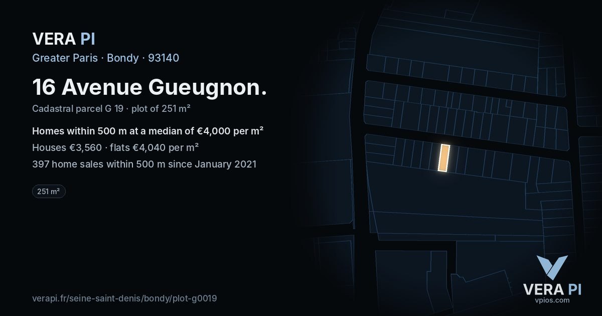16 Avenue Gueugnon, Bondy at night – the plot lit, the parcels around coloured by the prices near them
