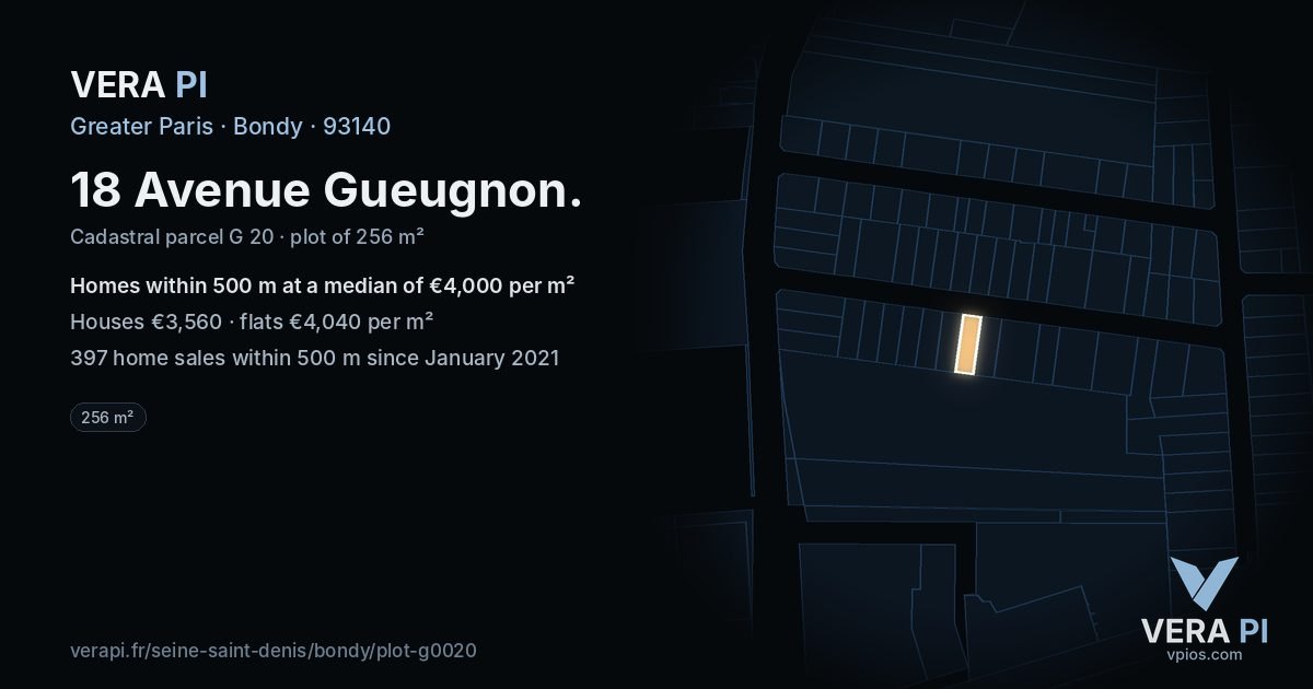 18 Avenue Gueugnon, Bondy at night – the plot lit, the parcels around coloured by the prices near them