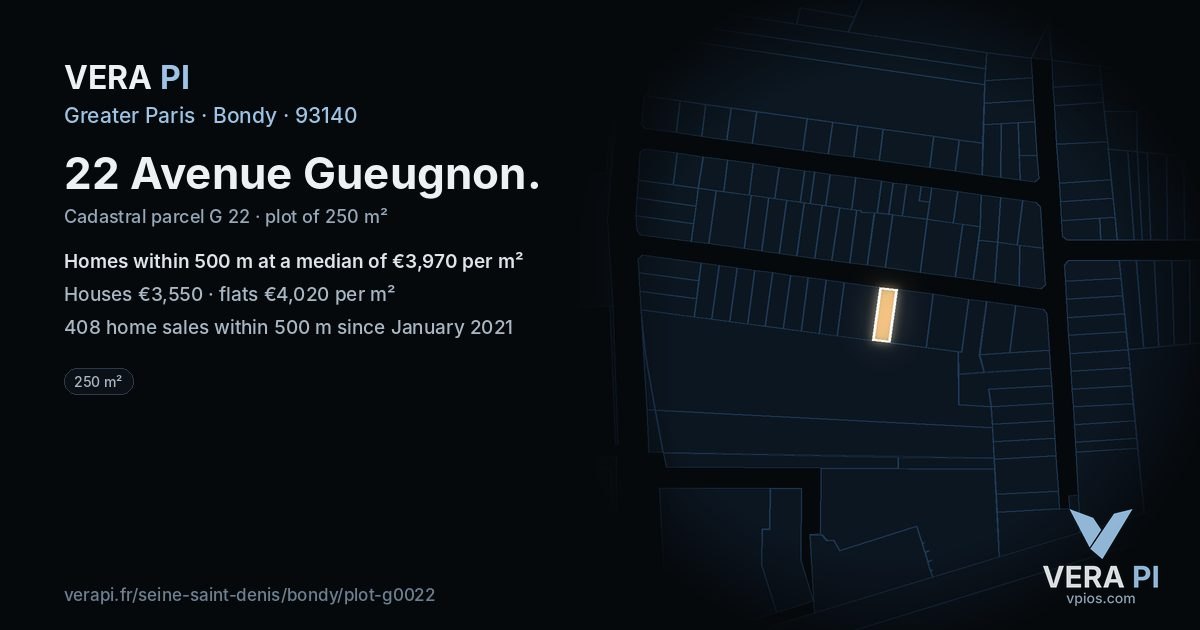 22 Avenue Gueugnon, Bondy at night – the plot lit, the parcels around coloured by the prices near them