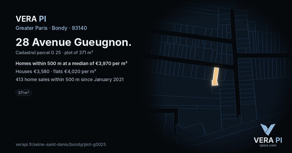28 Avenue Gueugnon, Bondy at night – the plot lit, the parcels around coloured by the prices near them