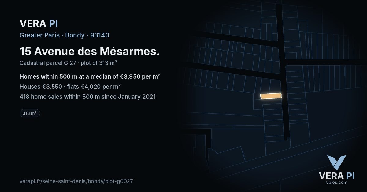 15 Avenue des Mésarmes, Bondy at night – the plot lit, the parcels around coloured by the prices near them
