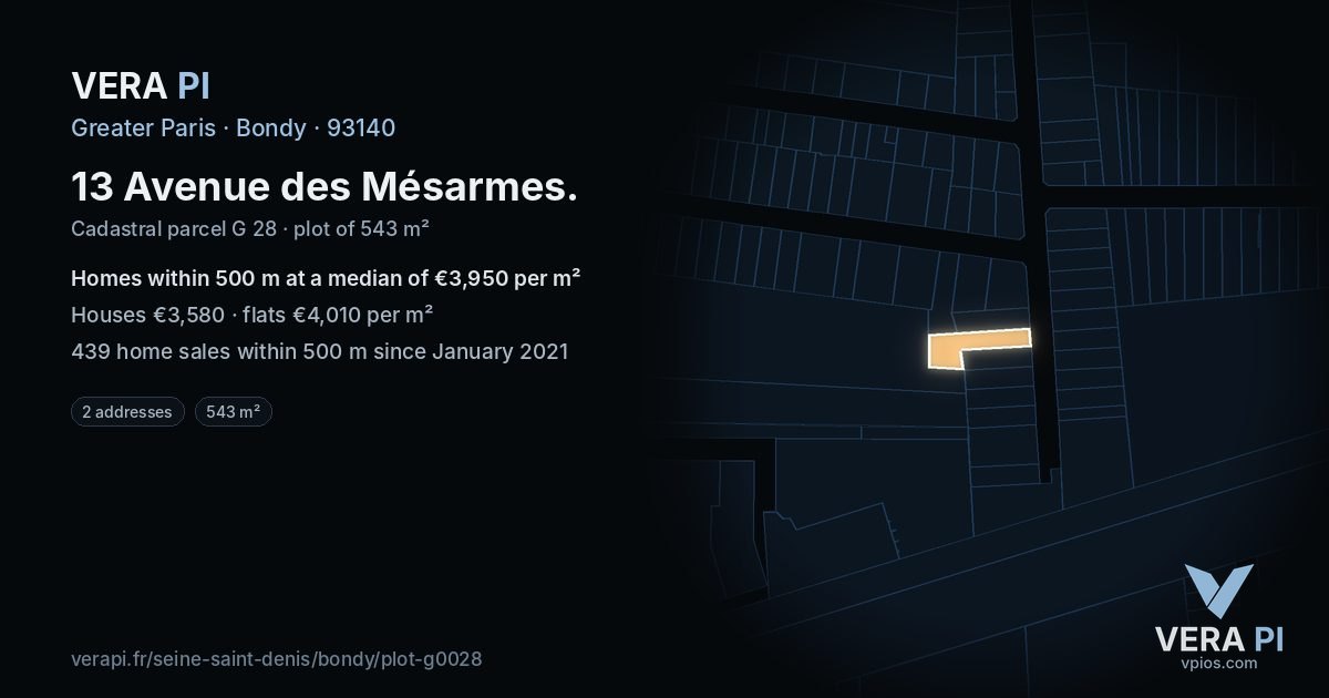 13 Avenue des Mésarmes, Bondy at night – the plot lit, the parcels around coloured by the prices near them