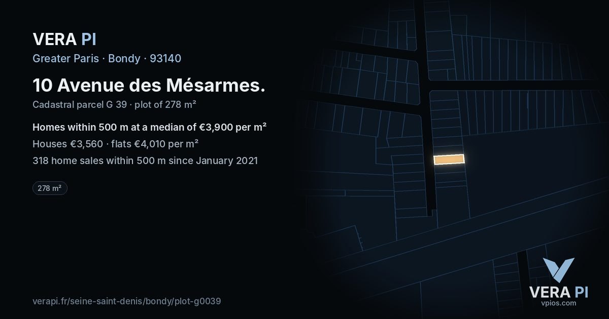 10 Avenue des Mésarmes, Bondy at night – the plot lit, the parcels around coloured by the prices near them
