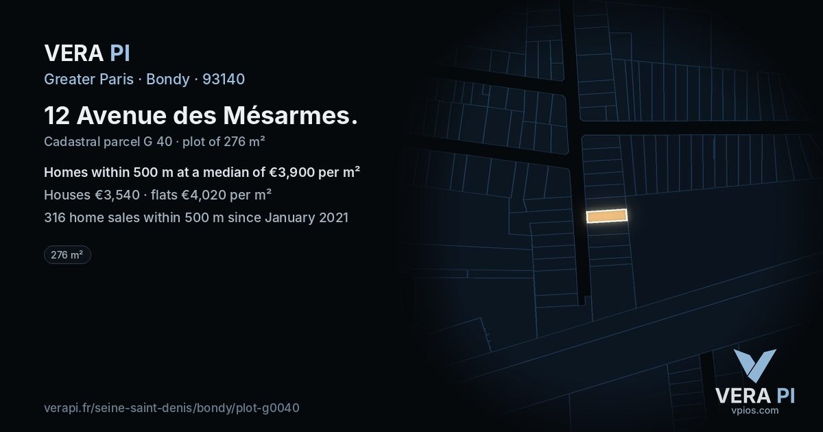12 Avenue des Mésarmes, Bondy at night – the plot lit, the parcels around coloured by the prices near them