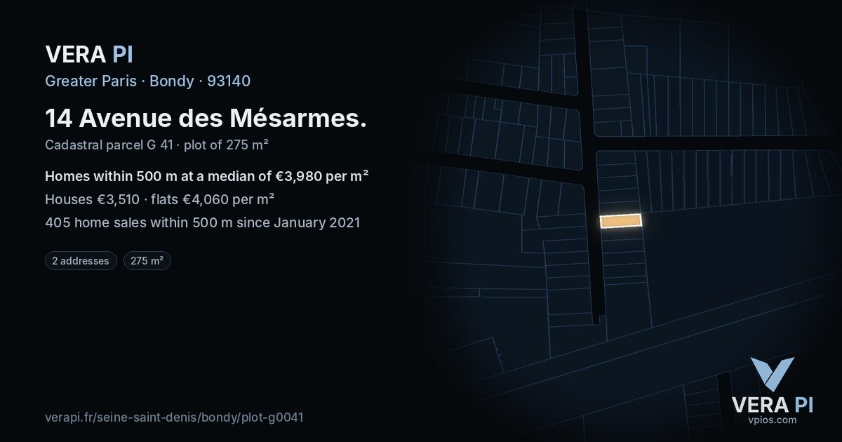 14 Avenue des Mésarmes, Bondy at night – the plot lit, the parcels around coloured by the prices near them