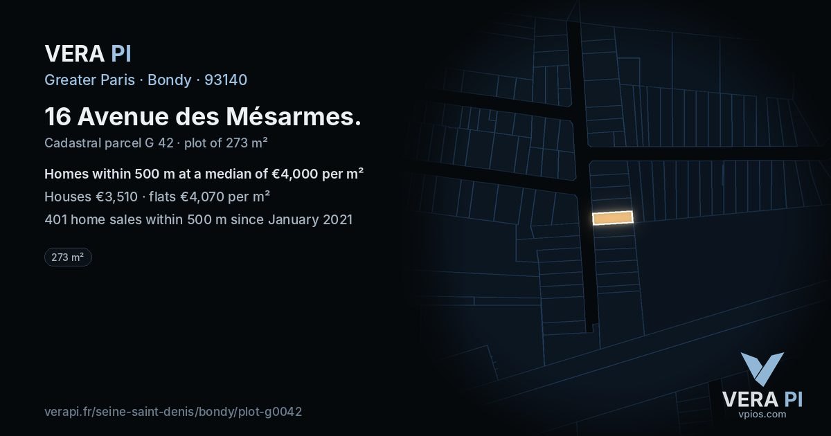 16 Avenue des Mésarmes, Bondy at night – the plot lit, the parcels around coloured by the prices near them