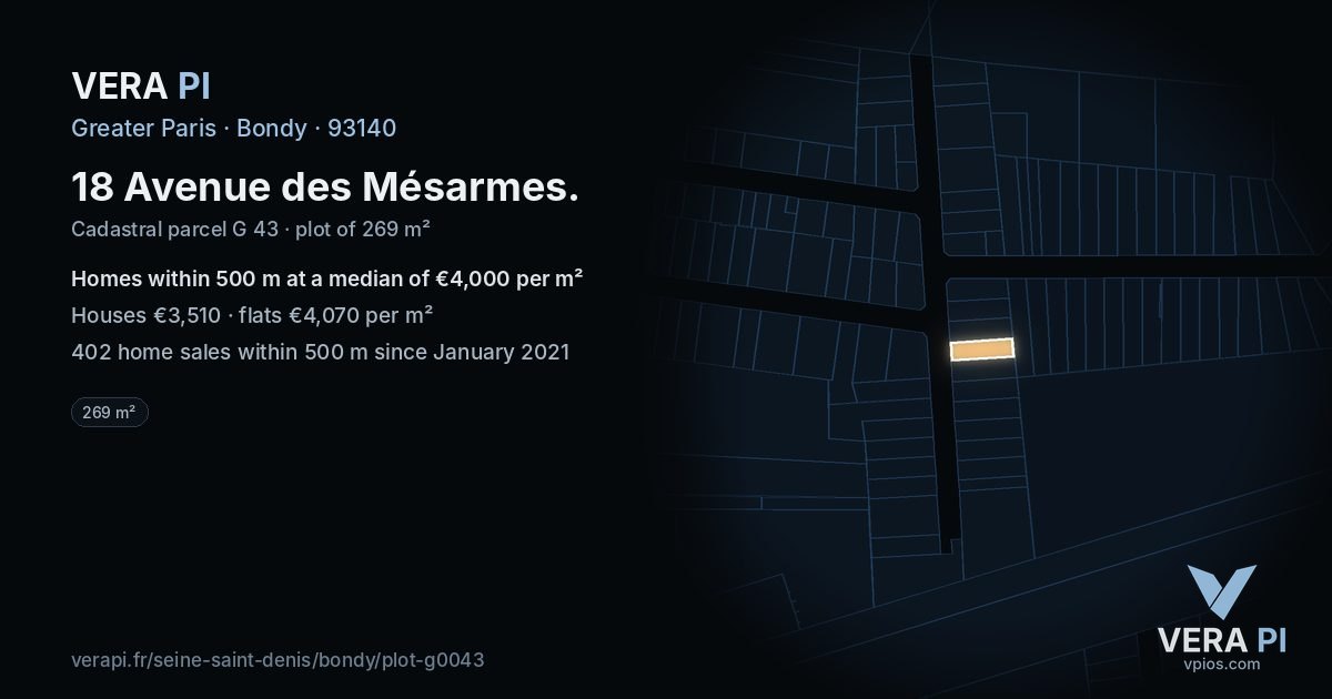 18 Avenue des Mésarmes, Bondy at night – the plot lit, the parcels around coloured by the prices near them