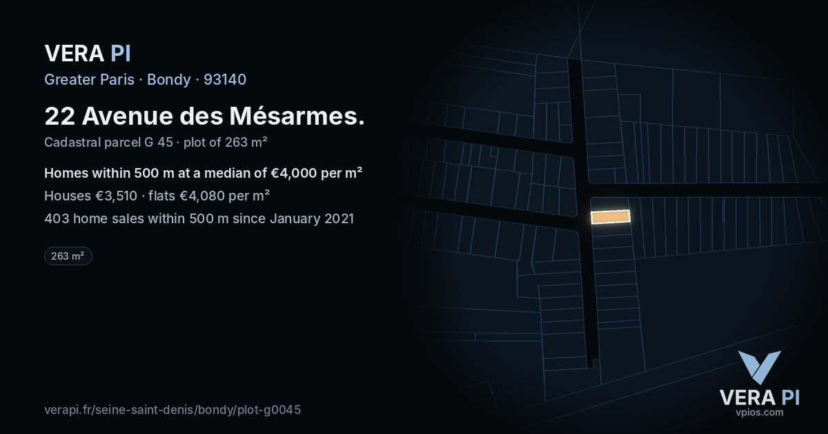 22 Avenue des Mésarmes, Bondy at night – the plot lit, the parcels around coloured by the prices near them
