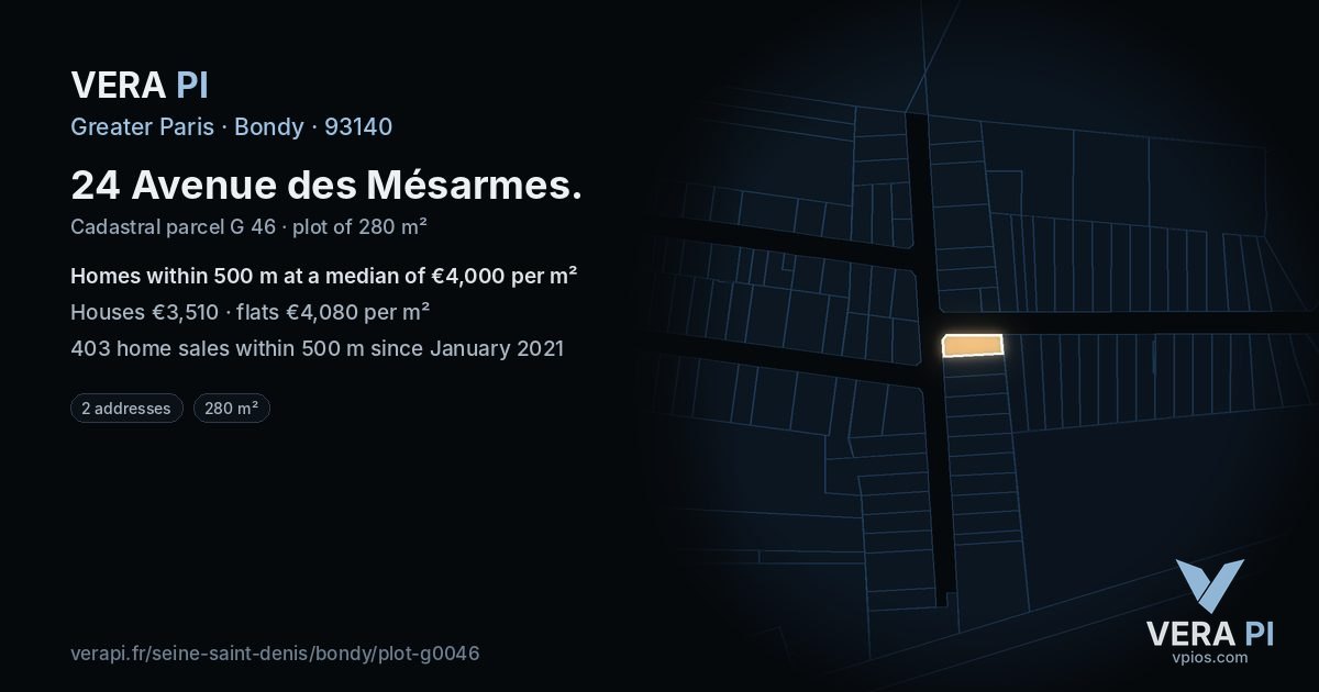 24 Avenue des Mésarmes, Bondy at night – the plot lit, the parcels around coloured by the prices near them