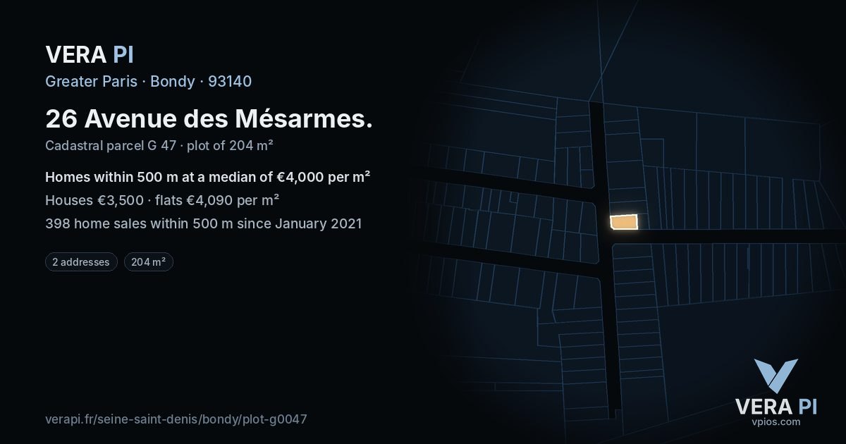 26 Avenue des Mésarmes, Bondy at night – the plot lit, the parcels around coloured by the prices near them