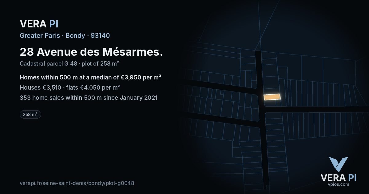 28 Avenue des Mésarmes, Bondy at night – the plot lit, the parcels around coloured by the prices near them