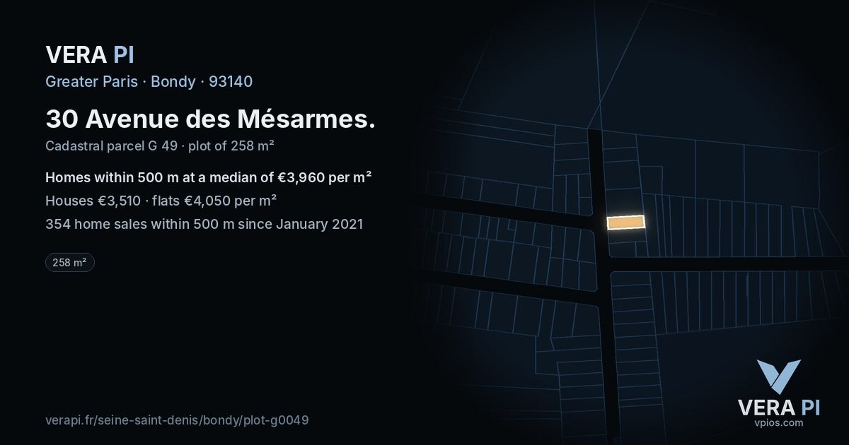30 Avenue des Mésarmes, Bondy at night – the plot lit, the parcels around coloured by the prices near them