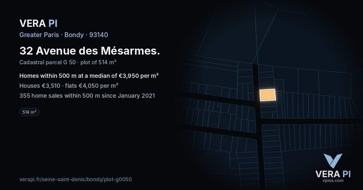 32 Avenue des Mésarmes, Bondy at night – the plot lit, the parcels around coloured by the prices near them