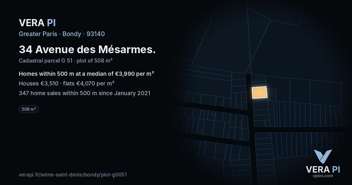 34 Avenue des Mésarmes, Bondy at night – the plot lit, the parcels around coloured by the prices near them