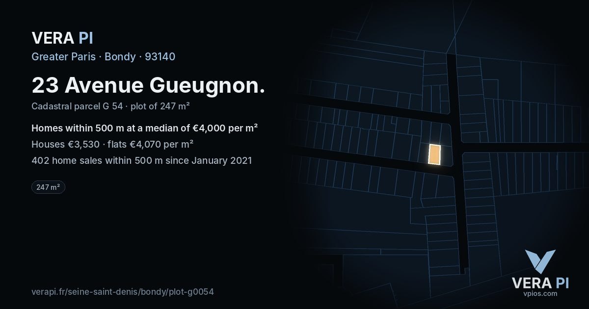 23 Avenue Gueugnon, Bondy at night – the plot lit, the parcels around coloured by the prices near them