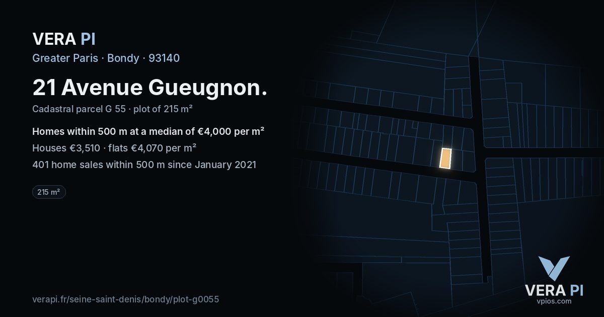 21 Avenue Gueugnon, Bondy at night – the plot lit, the parcels around coloured by the prices near them