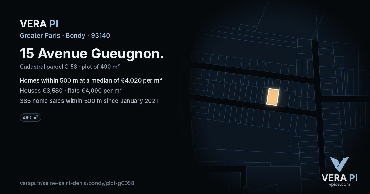 15 Avenue Gueugnon, Bondy at night – the plot lit, the parcels around coloured by the prices near them