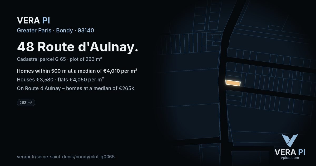 48 Route d'Aulnay, Bondy at night – the plot lit, the parcels around coloured by the prices near them