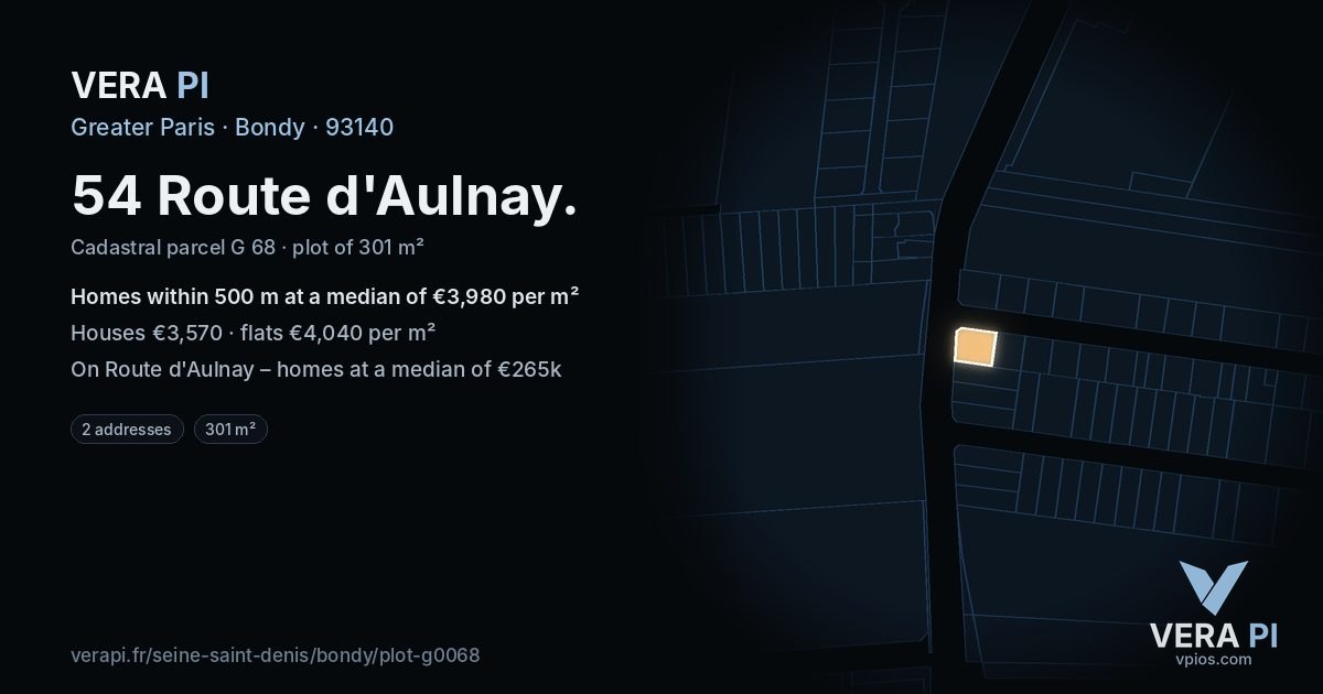 54 Route d'Aulnay, Bondy at night – the plot lit, the parcels around coloured by the prices near them