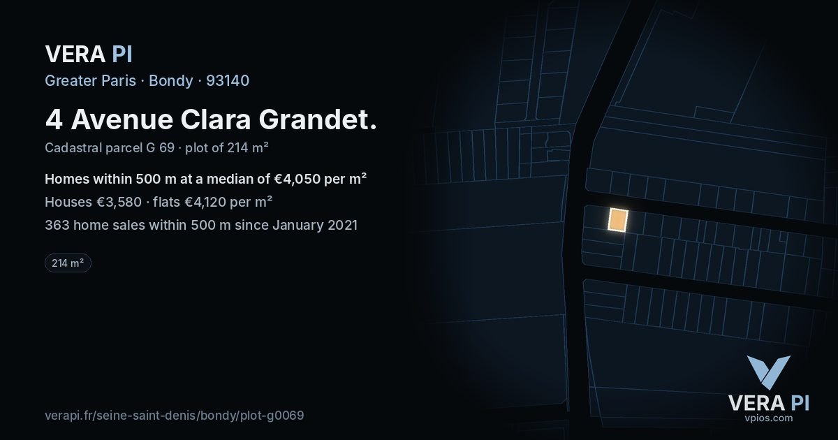 4 Avenue Clara Grandet, Bondy at night – the plot lit, the parcels around coloured by the prices near them