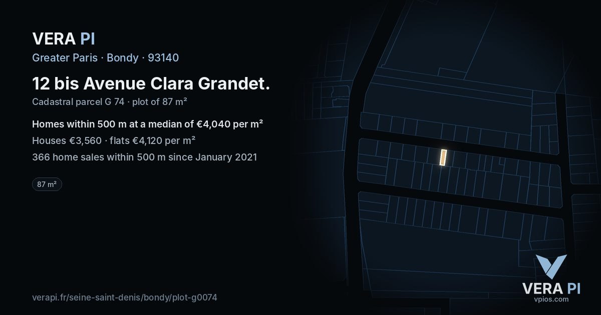 12 bis Avenue Clara Grandet, Bondy at night – the plot lit, the parcels around coloured by the prices near them