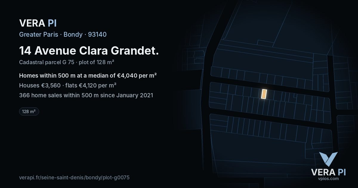 14 Avenue Clara Grandet, Bondy at night – the plot lit, the parcels around coloured by the prices near them
