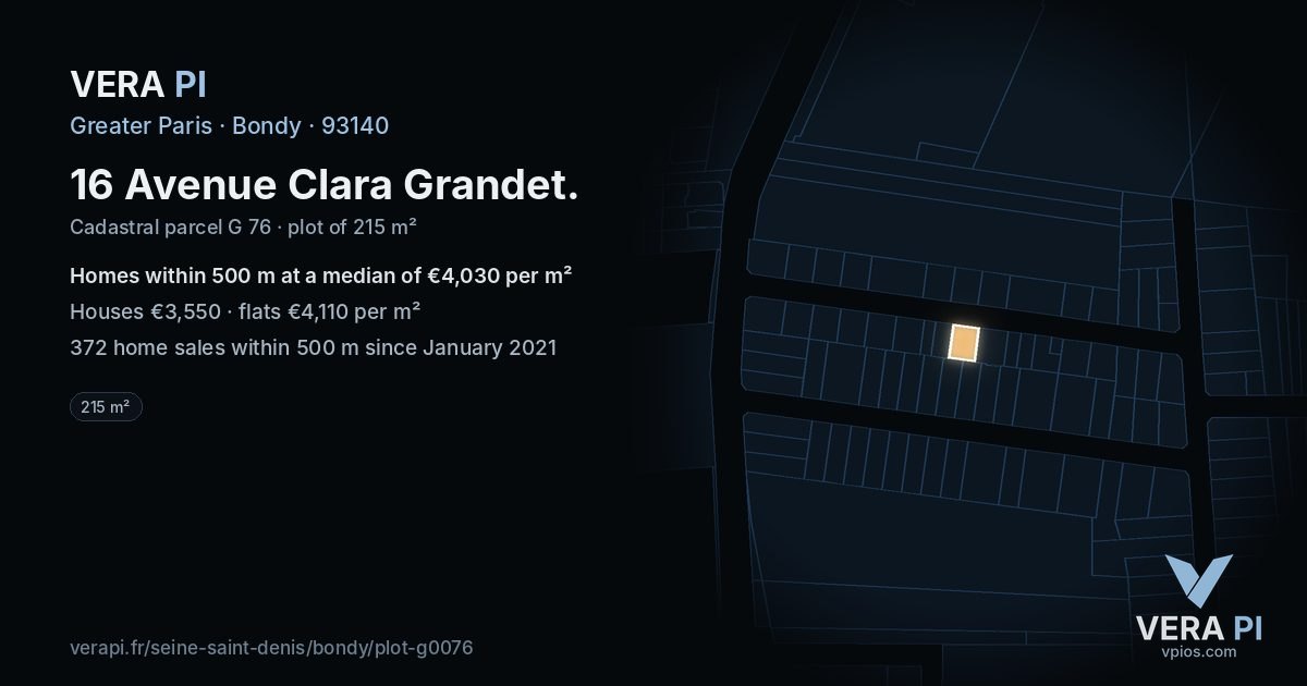 16 Avenue Clara Grandet, Bondy at night – the plot lit, the parcels around coloured by the prices near them