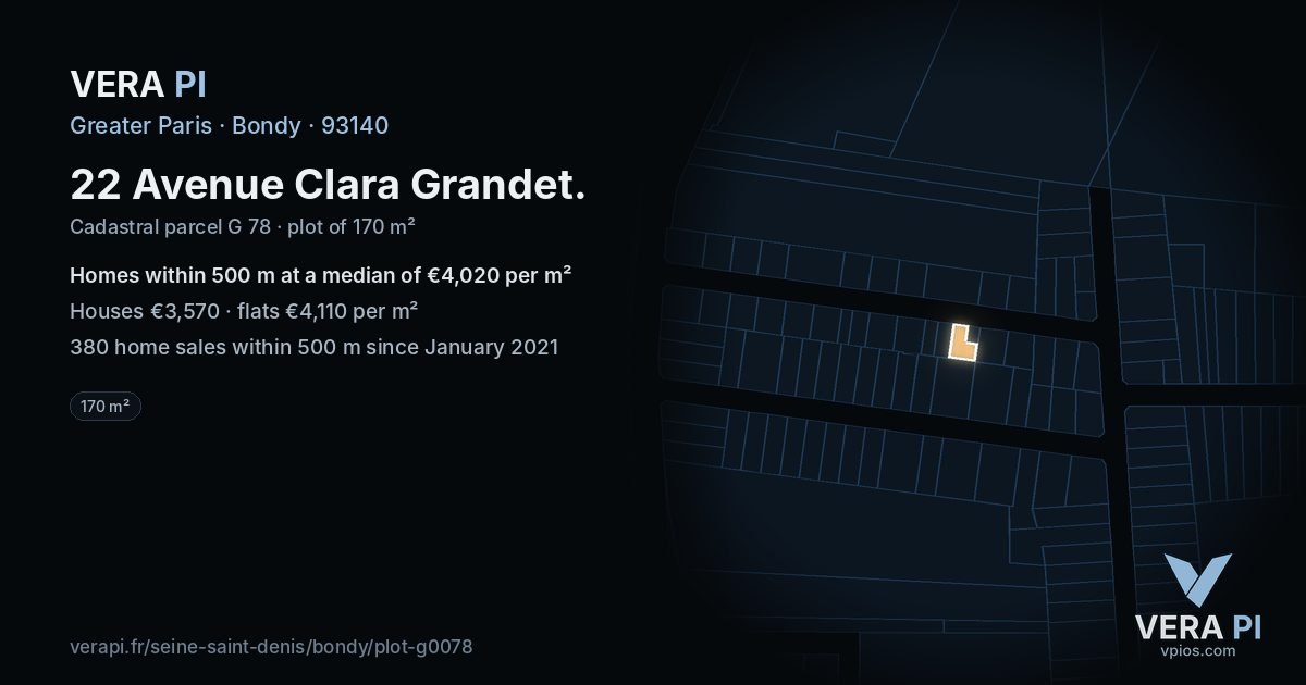22 Avenue Clara Grandet, Bondy at night – the plot lit, the parcels around coloured by the prices near them
