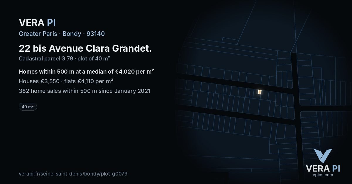 22 bis Avenue Clara Grandet, Bondy at night – the plot lit, the parcels around coloured by the prices near them