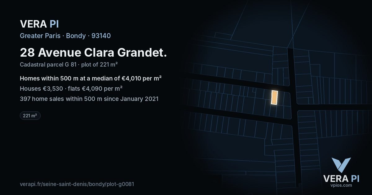 28 Avenue Clara Grandet, Bondy at night – the plot lit, the parcels around coloured by the prices near them