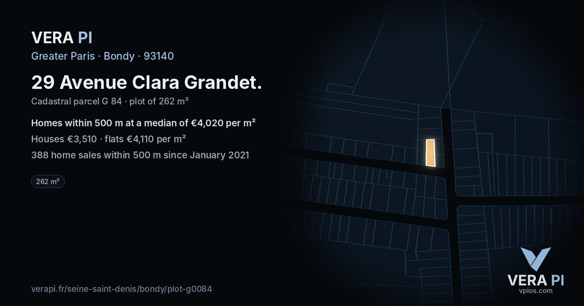 29 Avenue Clara Grandet, Bondy at night – the plot lit, the parcels around coloured by the prices near them