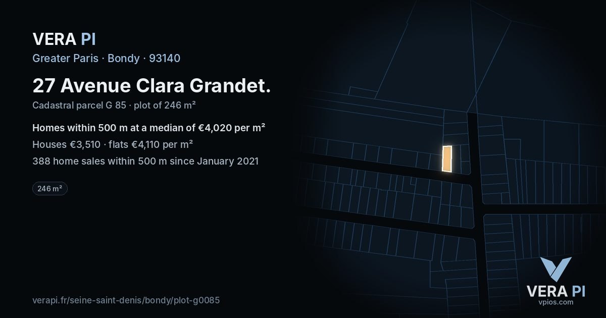 27 Avenue Clara Grandet, Bondy at night – the plot lit, the parcels around coloured by the prices near them
