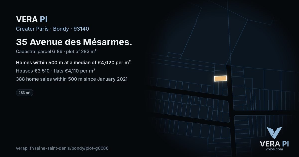 35 Avenue des Mésarmes, Bondy at night – the plot lit, the parcels around coloured by the prices near them
