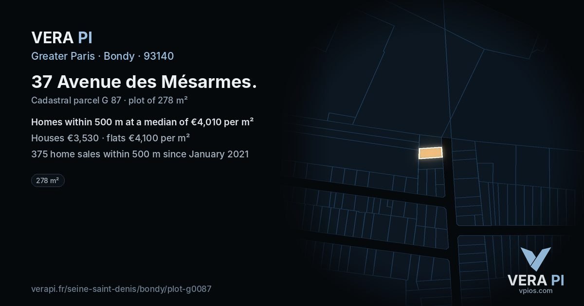 37 Avenue des Mésarmes, Bondy at night – the plot lit, the parcels around coloured by the prices near them