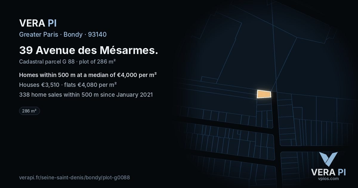 39 Avenue des Mésarmes, Bondy at night – the plot lit, the parcels around coloured by the prices near them