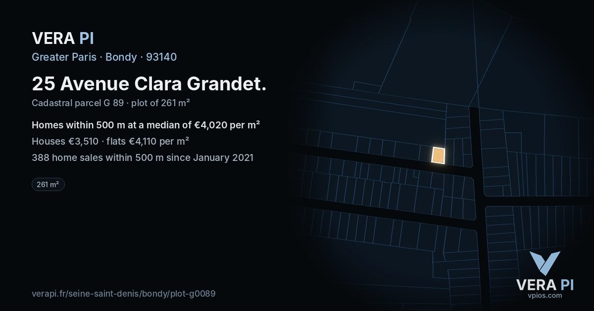 25 Avenue Clara Grandet, Bondy at night – the plot lit, the parcels around coloured by the prices near them
