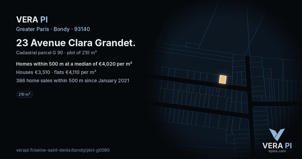 23 Avenue Clara Grandet, Bondy at night – the plot lit, the parcels around coloured by the prices near them