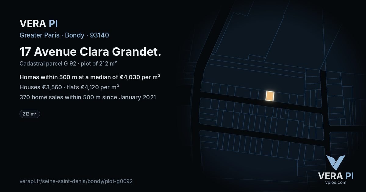 17 Avenue Clara Grandet, Bondy at night – the plot lit, the parcels around coloured by the prices near them