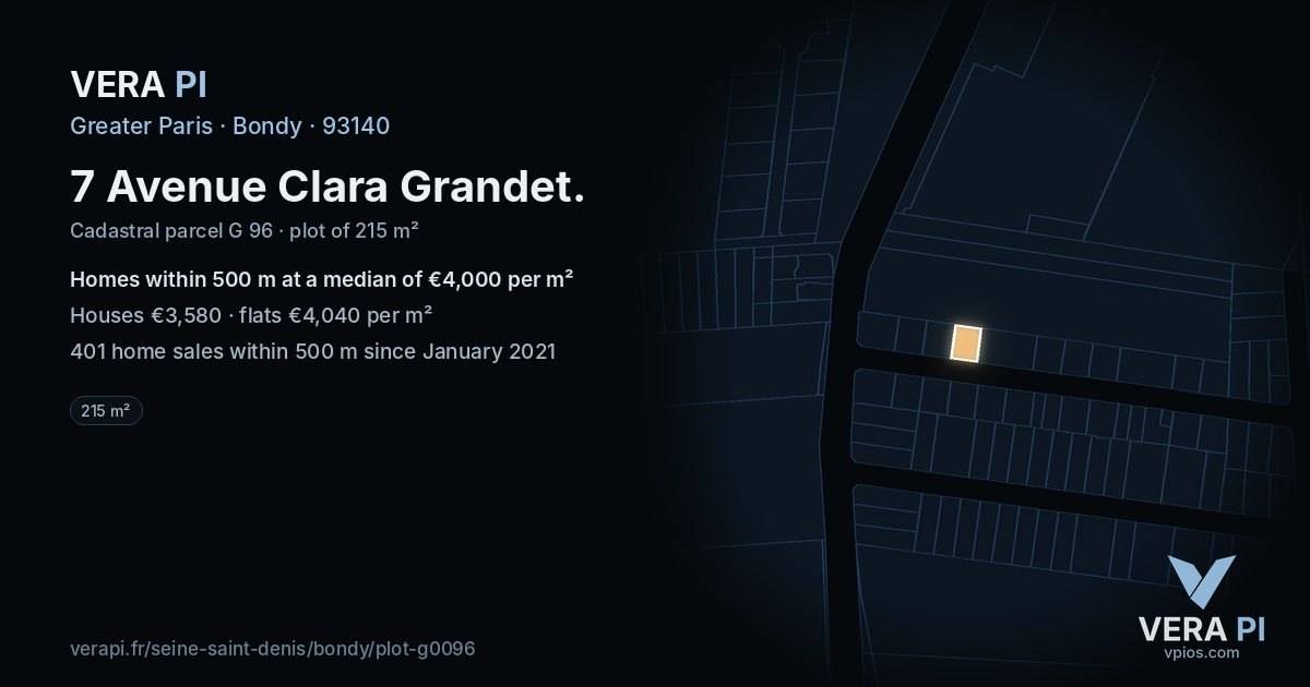 7 Avenue Clara Grandet, Bondy at night – the plot lit, the parcels around coloured by the prices near them
