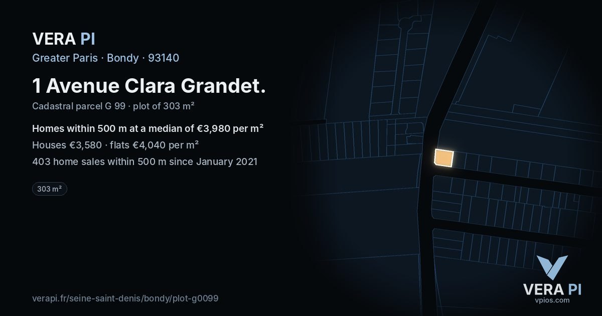 1 Avenue Clara Grandet, Bondy at night – the plot lit, the parcels around coloured by the prices near them
