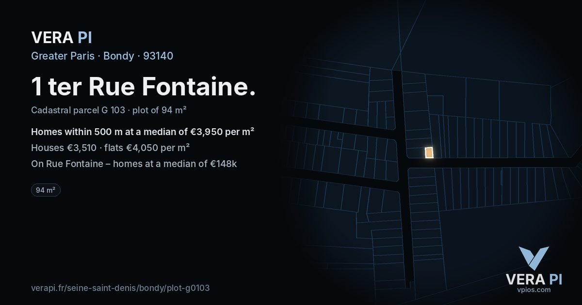 1 ter Rue Fontaine, Bondy at night – the plot lit, the parcels around coloured by the prices near them