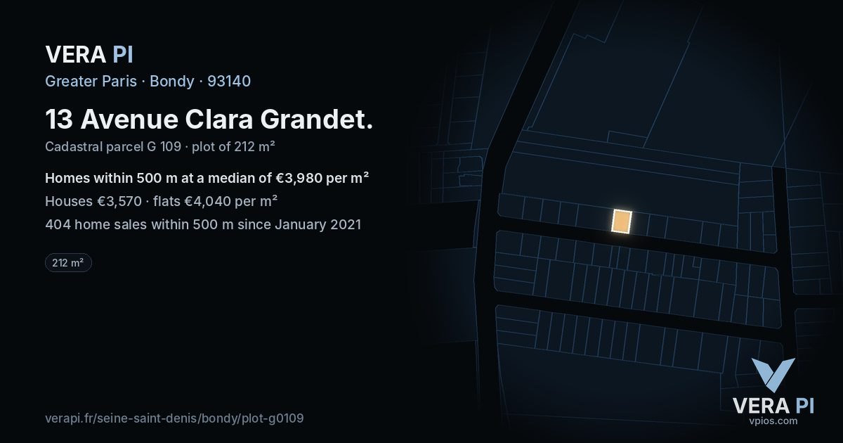 13 Avenue Clara Grandet, Bondy at night – the plot lit, the parcels around coloured by the prices near them