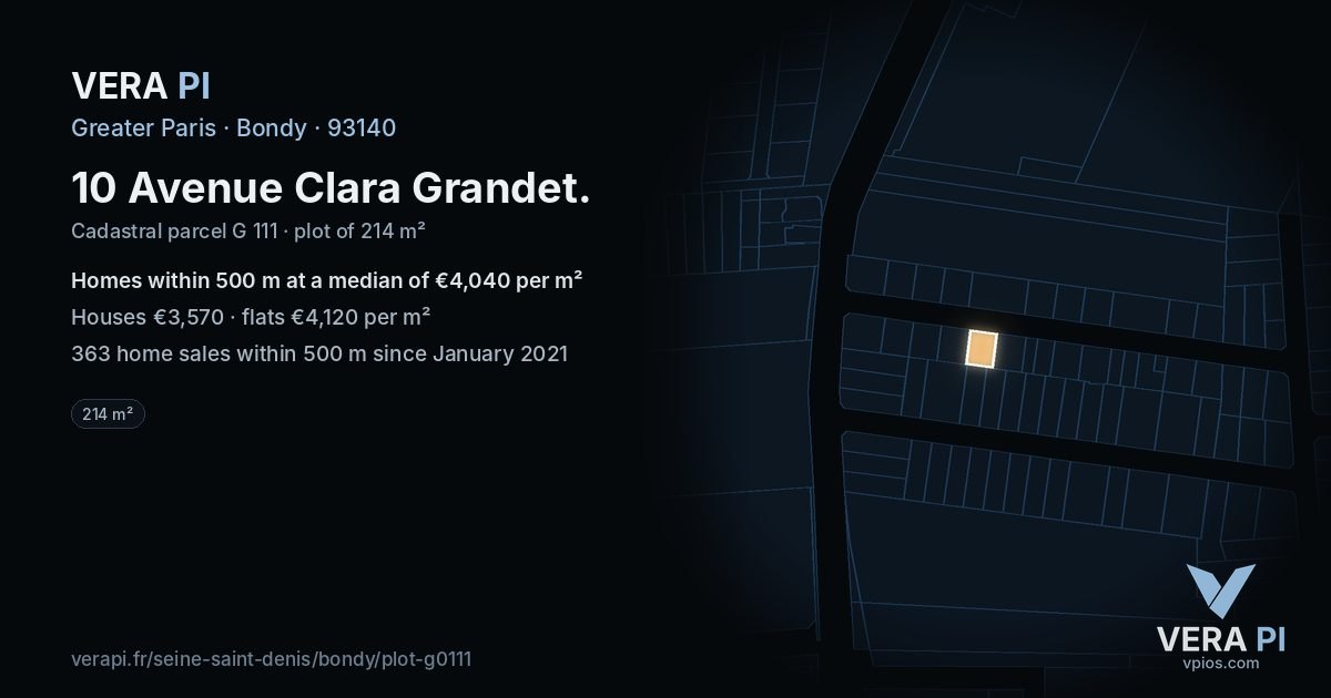 10 Avenue Clara Grandet, Bondy at night – the plot lit, the parcels around coloured by the prices near them