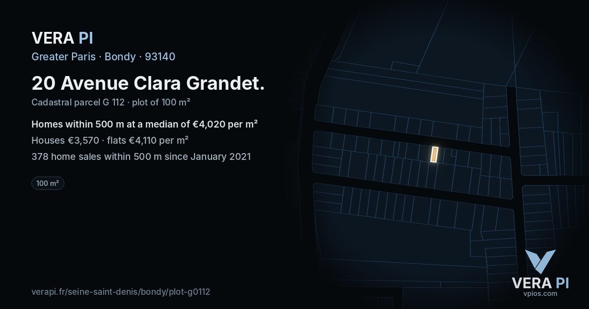 20 Avenue Clara Grandet, Bondy at night – the plot lit, the parcels around coloured by the prices near them
